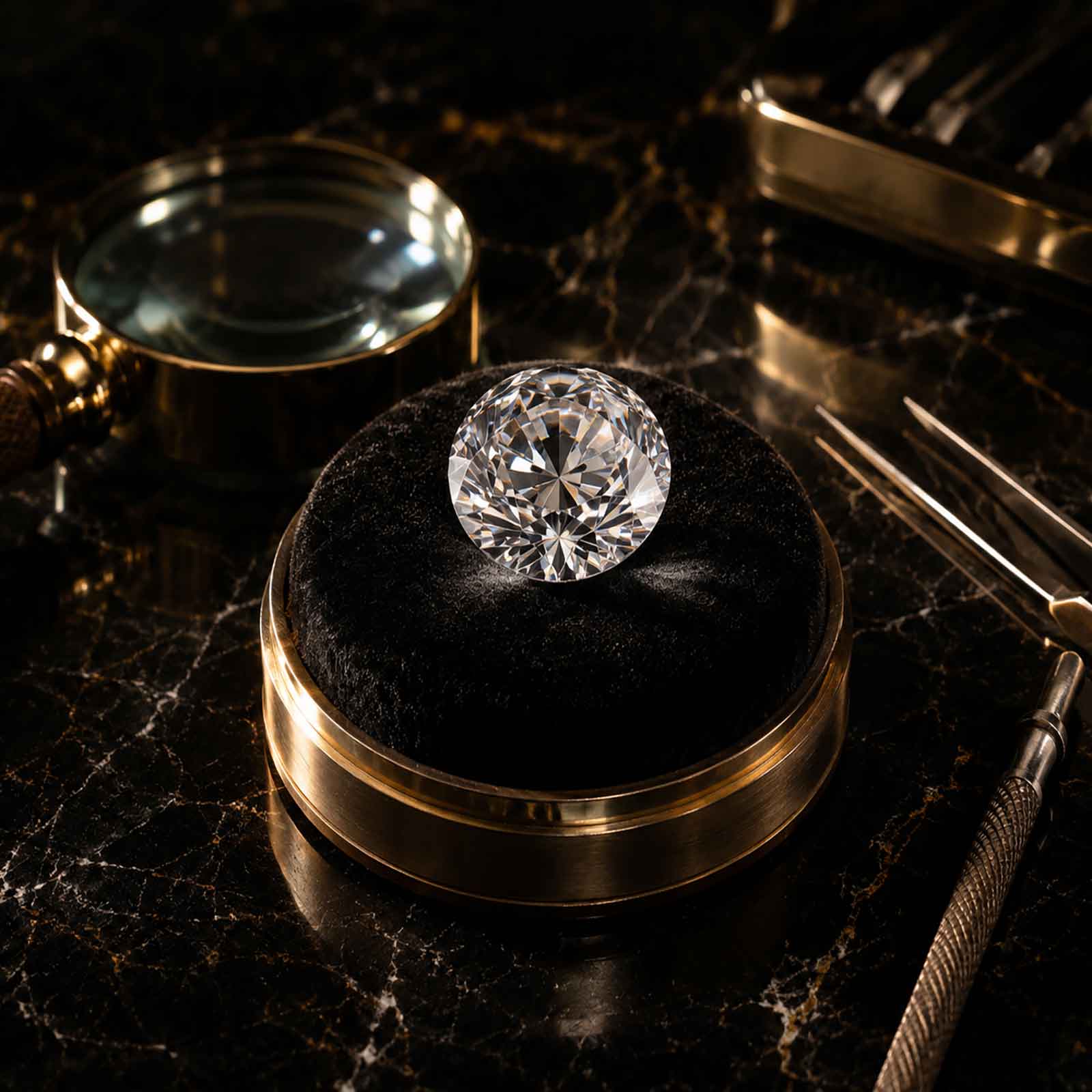 A faceted diamond presented in a refined gemmology setting