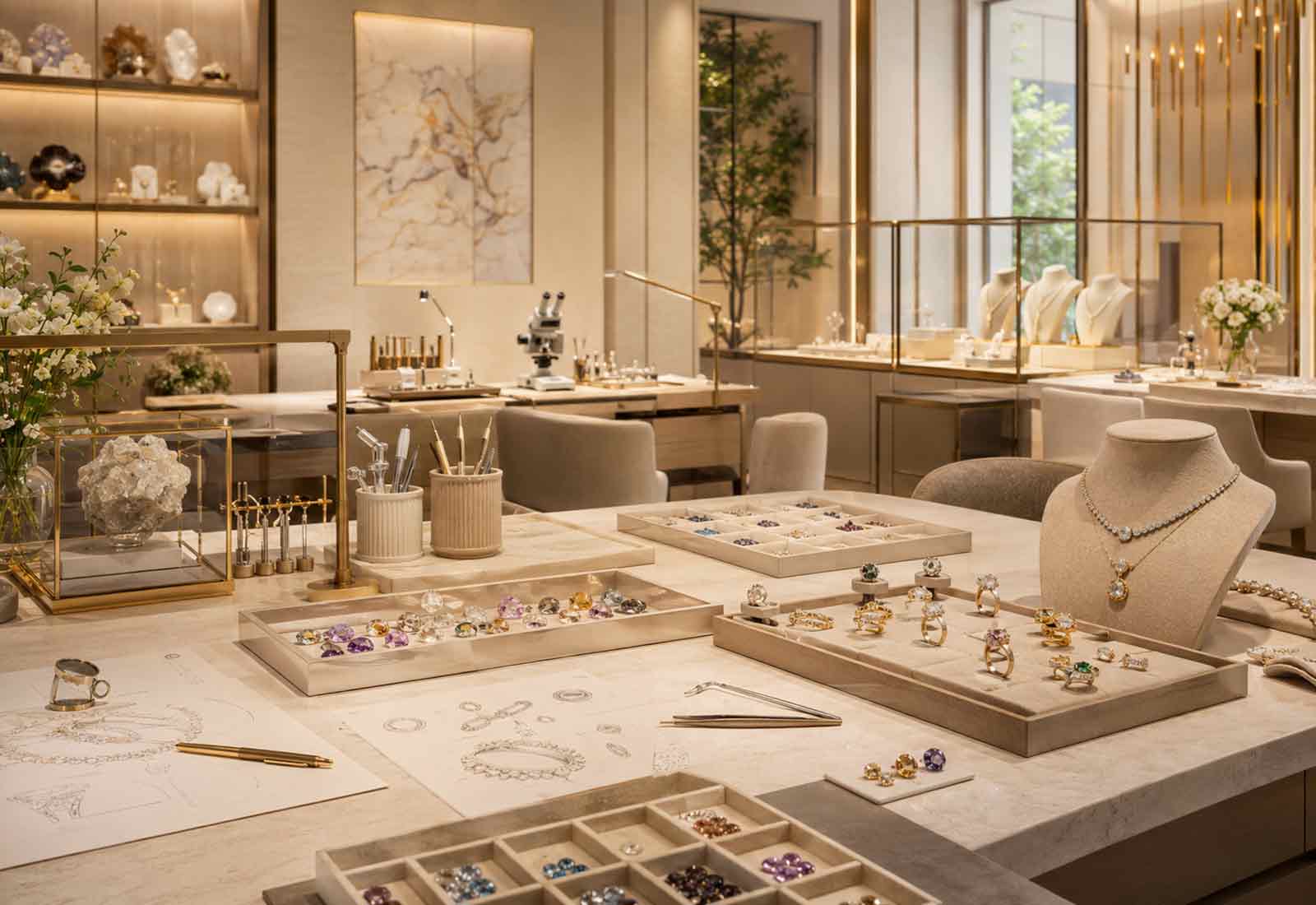 A high jewellery design atelier with sketches, gemstones and finished pieces