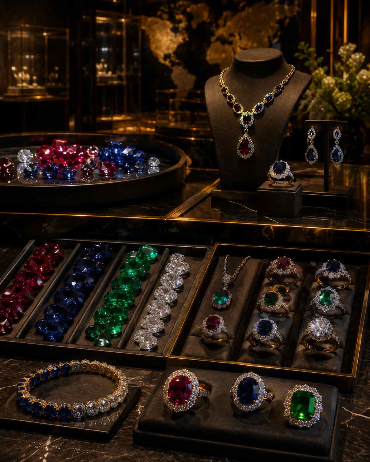 A balanced collection of coloured gemstones